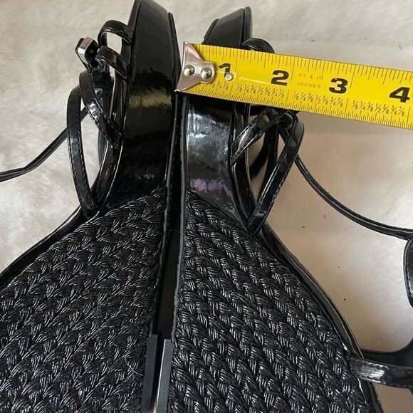 WHBM patent black ankle straps platform wedge sandals front bow accent SZ9.5 - Picture 6 of 9